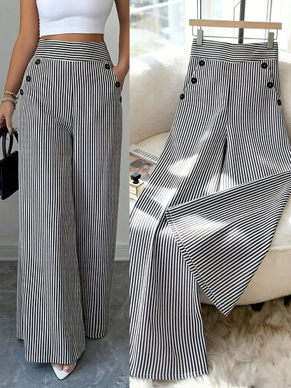 Damen Maritim-Style High-Waist Weitbein-Hose mit Streifen und Knopfdetails