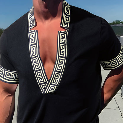 Herren Designer-Shirt mit tiefem V-Ausschnitt und geometrischem Muster – Elegantes Freizeit- & Partyhemd
