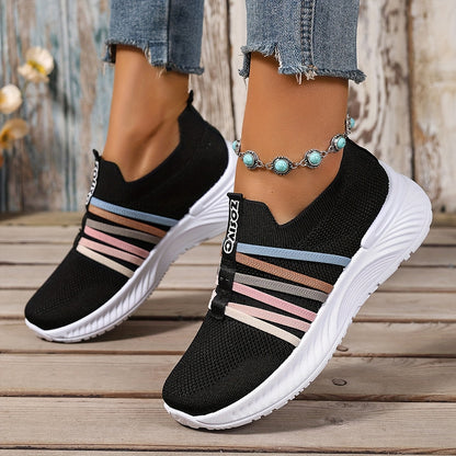 Damen Slip-On Sneakers Freizeit Bequeme Low-Top Schuhe mit Streifen-Design