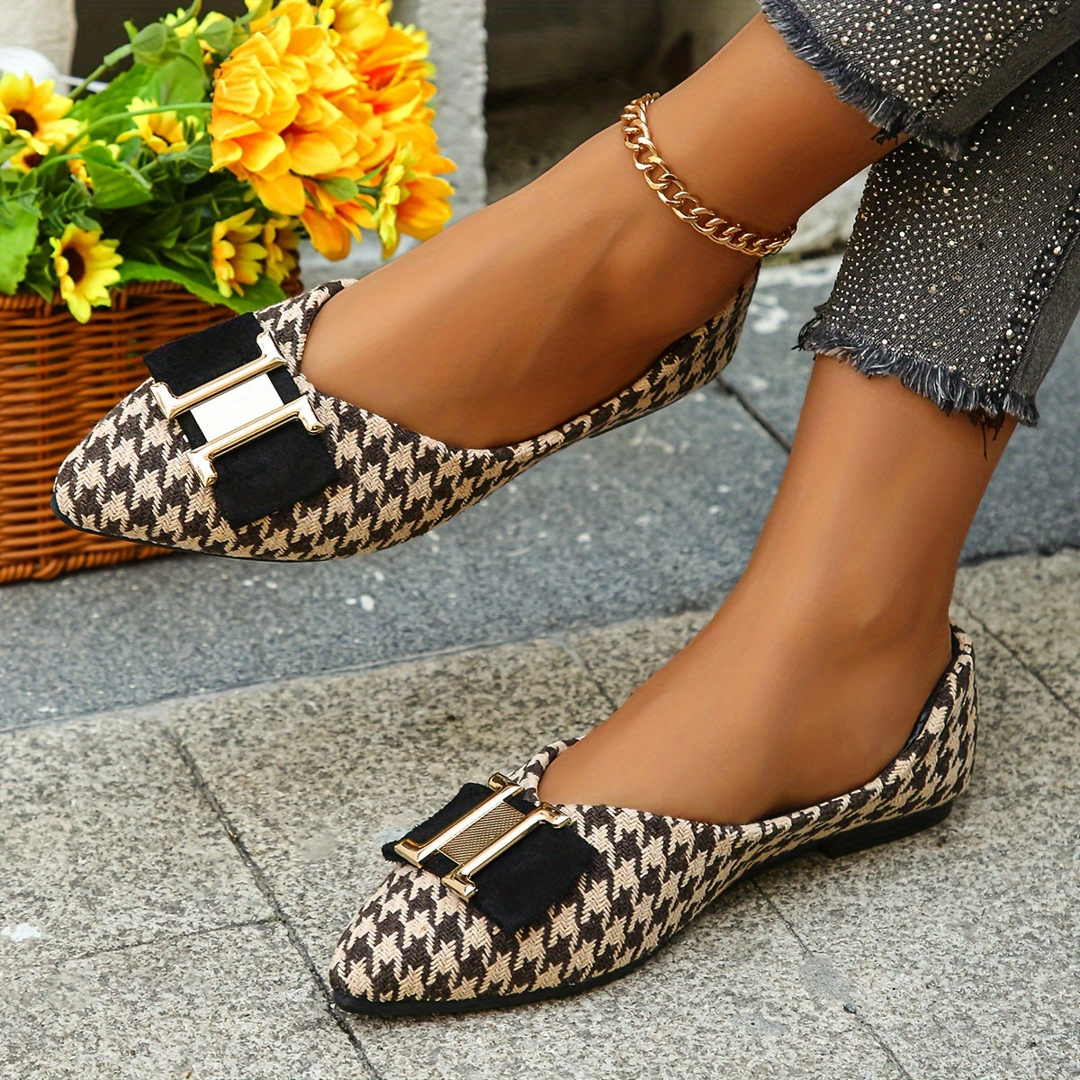 Damen Ballerinas mit Hahnentritt-Muster und Schleifendetail – Elegante Flats für Alltag und Büro