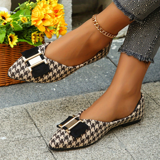 Damen Ballerinas mit Hahnentritt-Muster und Schleifendetail – Elegante Flats für Alltag und Büro