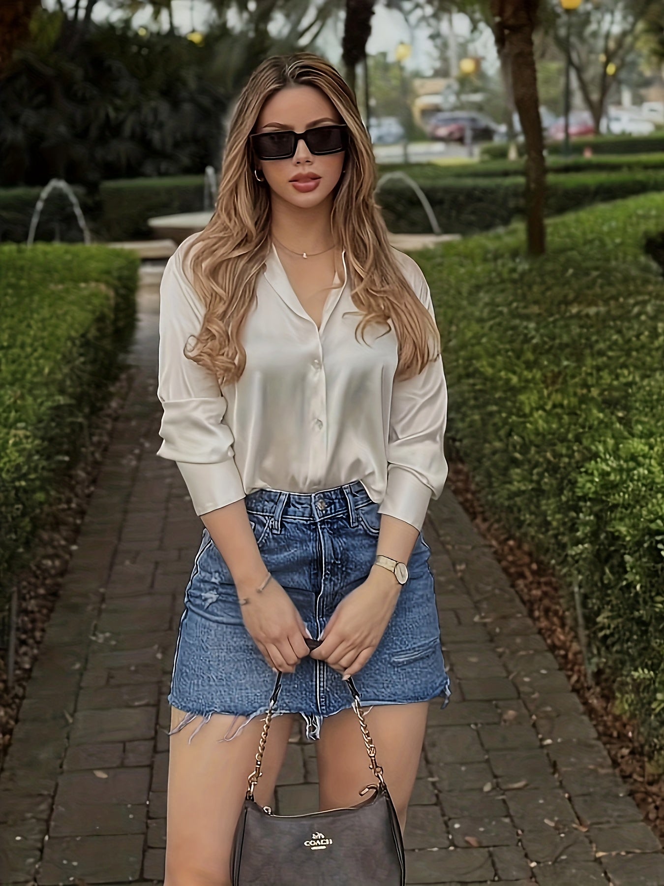 Damen Eleganter Streetstyle Look – Satinbluse und Jeansrock Kombi für Freizeit & Alltag