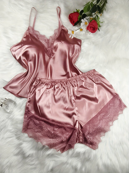 Damen Satin Pyjama Set mit Spitze – Verführerischer Schlafanzug für stilvolle Nächte