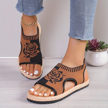 Damen Freizeit Sandalen mit Blumenmuster – Bequeme Sommerschuhe im modernen Strick-Look