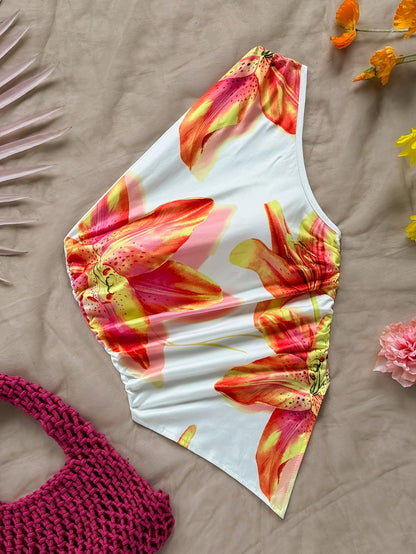 Damen Ein-Schulter Body mit Blumenmuster – Eleganter Sommer-Style für Alltag & Urlaub