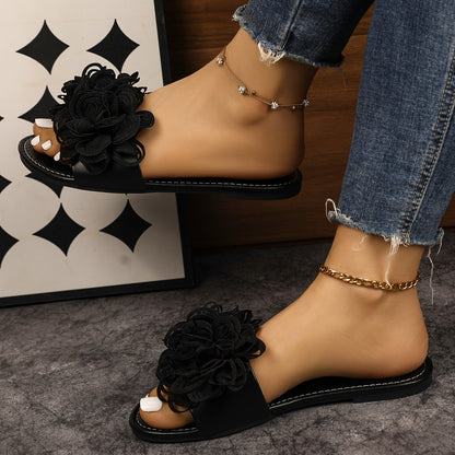 Damen Slide Sandalen mit großer Blumenapplikation – Modische Slides für Freizeit und Alltag