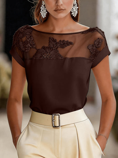Damen Bluse Elegant mit Blumenstickerei und Illusionsausschnitt – Festlich & Büro