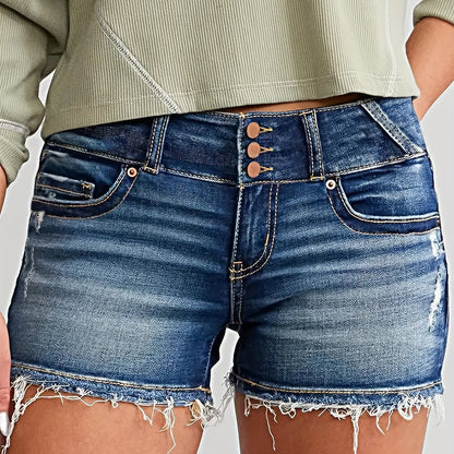 Damen Jeans Shorts mit Fransen und Knopfleiste – Lässiger Sommer-Style