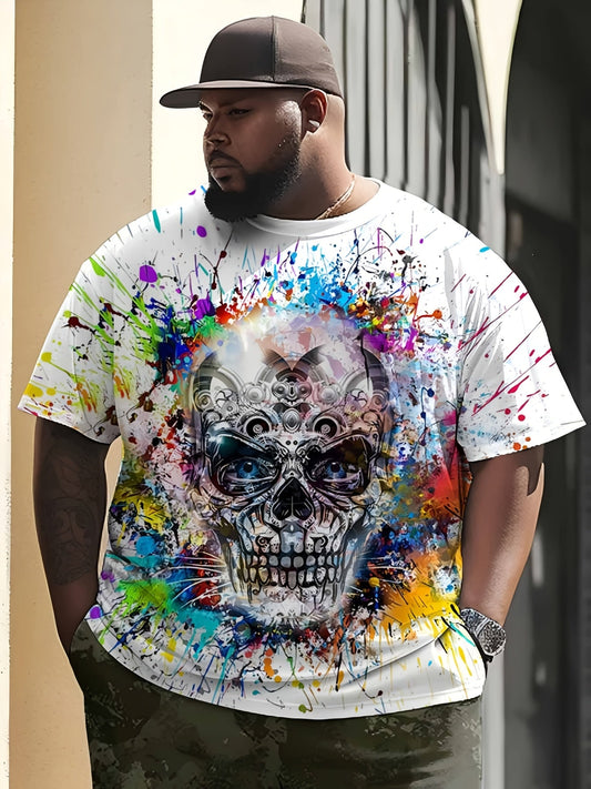 Herren T-Shirt mit Totenkopf-Grafik und Farbspritzer-Design – Urban Streetwear für große Größen