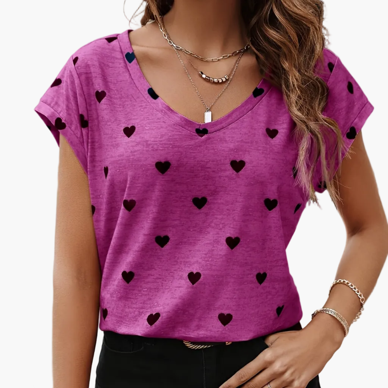 Damen Elegantes Herzmuster T-Shirt für Alltag und Freizeit