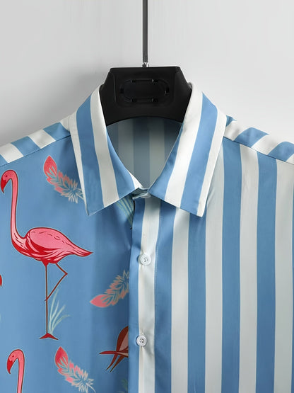 Herren Sommer Freizeit Set mit Flamingo Motiv und Streifen – Stilvolles Kurzarmhemd & Shorts für Urlaub und Alltag