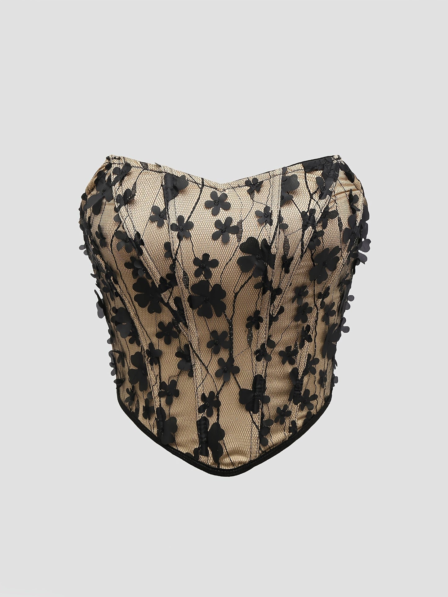 Damen Korsagen-Top mit 3D-Blumenstickerei und Herzausschnitt – Eleganter Party- und Abend-Look