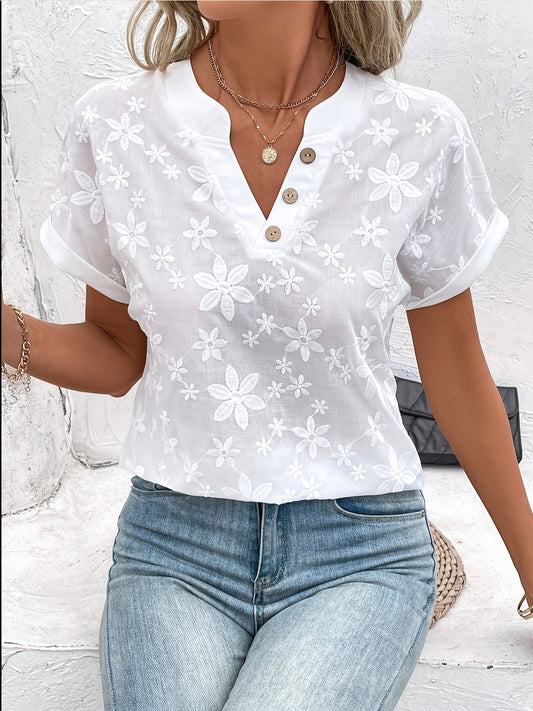 Damen Bluse Elegant Bestickt Kurzarm Sommer Freizeit V-Ausschnitt