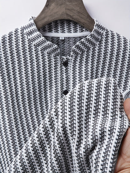 Herren Langarm Stehkragen Henley Shirt mit Streifenmuster – Lässiger und Eleganter Look