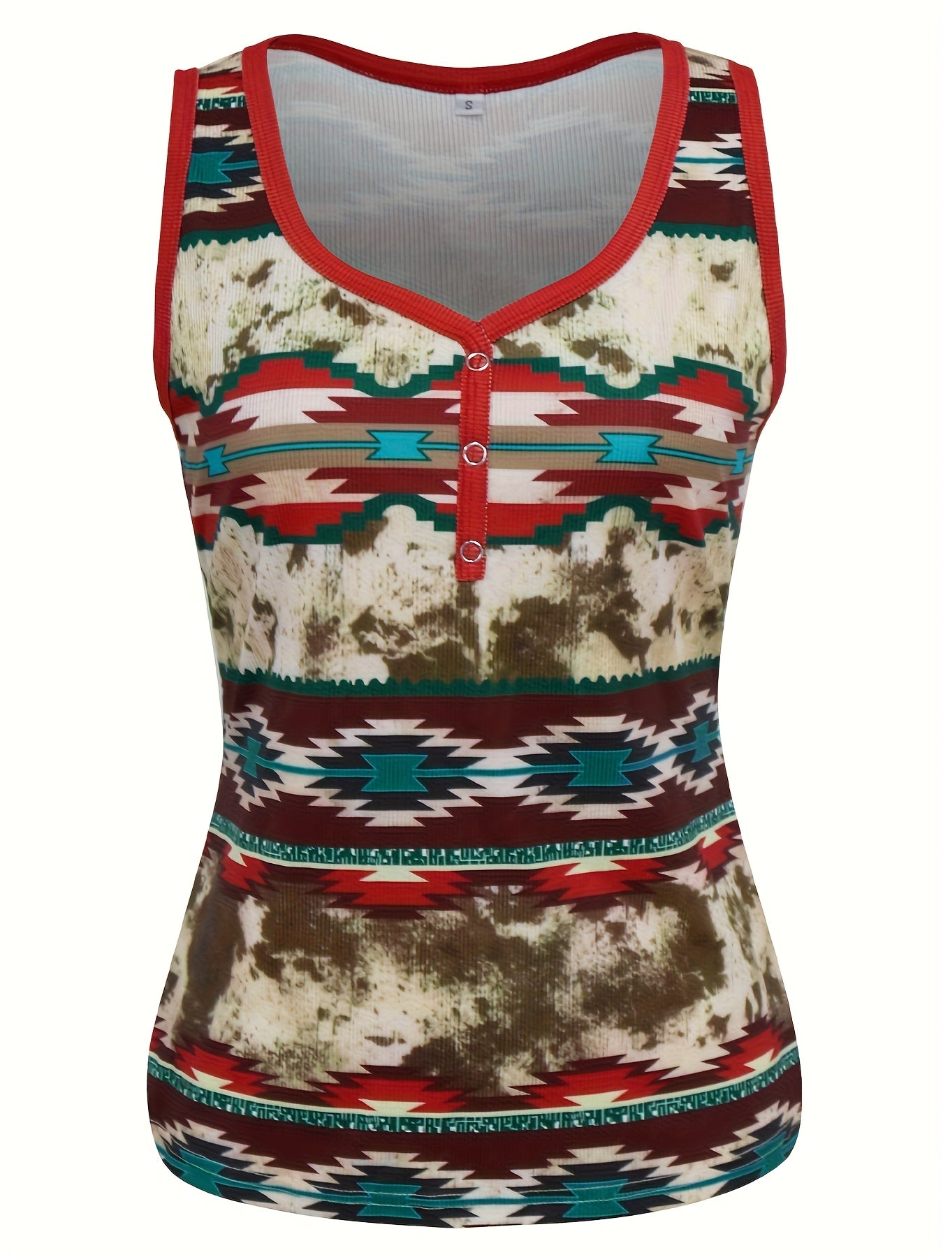 Damen Ethno Tanktop mit Knopfleiste und geometrischem Muster – Modisches Sommer Top im Boho-Style