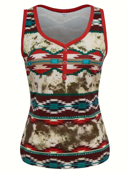 Damen Ethno Tanktop mit Knopfleiste und geometrischem Muster – Modisches Sommer Top im Boho-Style