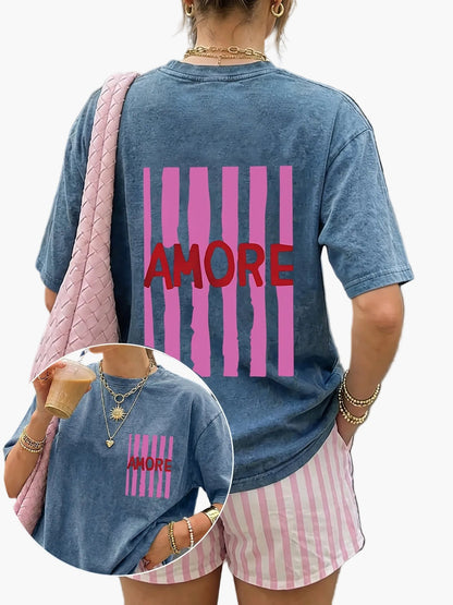 Damen Oversize T-Shirt mit AMORE Print und Streifen – Trendiges Casual Streetwear für den Sommer