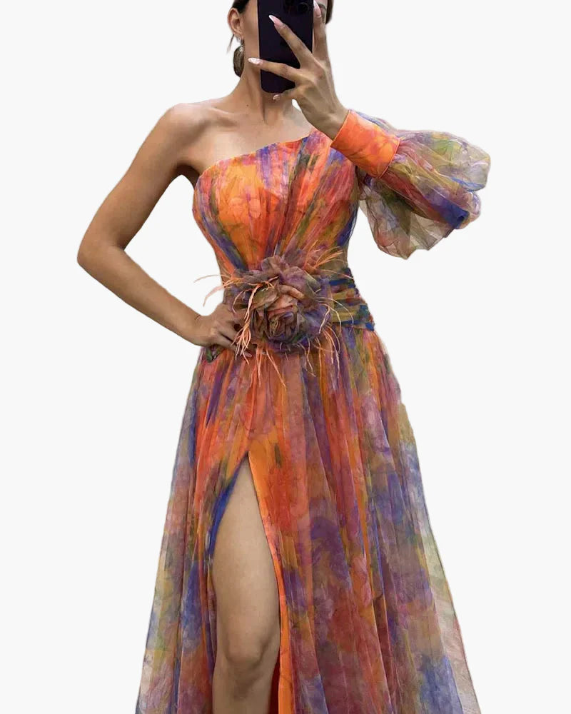Damen Abendkleid mit One-Shoulder-Design und Blumenapplikation – Elegantes Maxikleid für besondere Anlässe