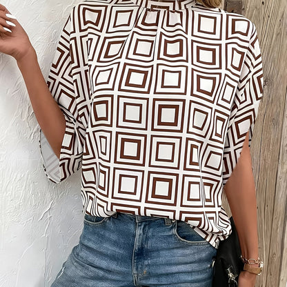 Damen Bluse mit Stehkragen und modernem geometrischem Muster, eleganter Business- und Freizeitstil