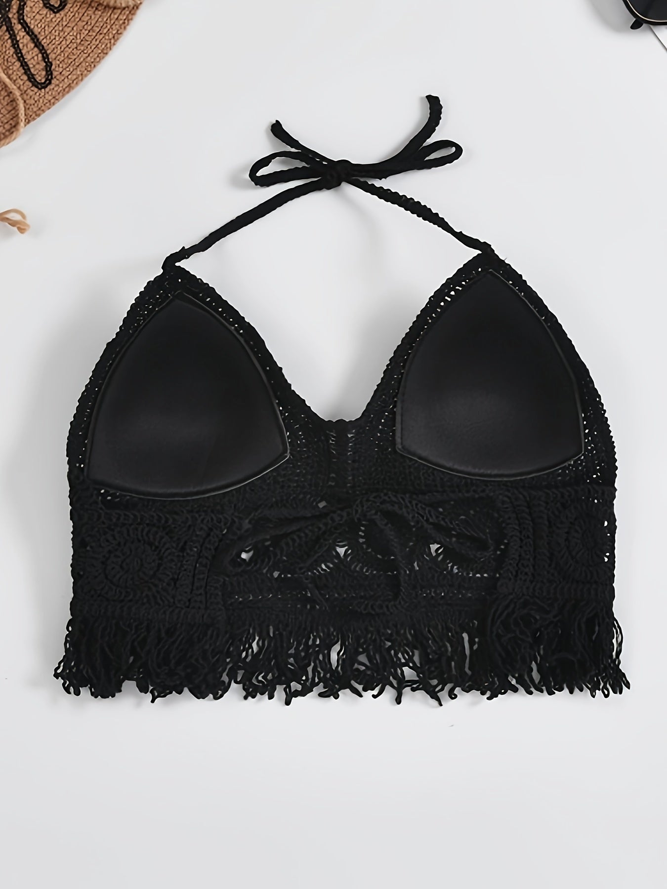 Damen Boho Häkel-Bralette Top mit Neckholder und Fransen – Festival & Strandmode