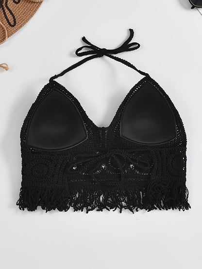 Damen Boho Häkel-Bralette Top mit Neckholder und Fransen – Festival & Strandmode