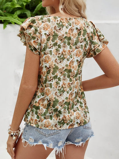 Damen Sommerbluse mit Blumenmuster und Rüschenärmeln – Elegante Freizeitmode