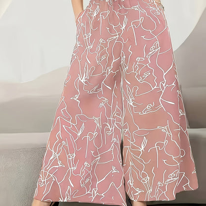 Damen Weite Palazzo-Hose mit Künstlerischem Linienmuster – Modische Statement-Hose für Freizeit und Ausgehen