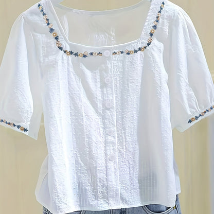 Damen Bluse mit Stickerei und Quadrat-Ausschnitt – Eleganter Sommerstil