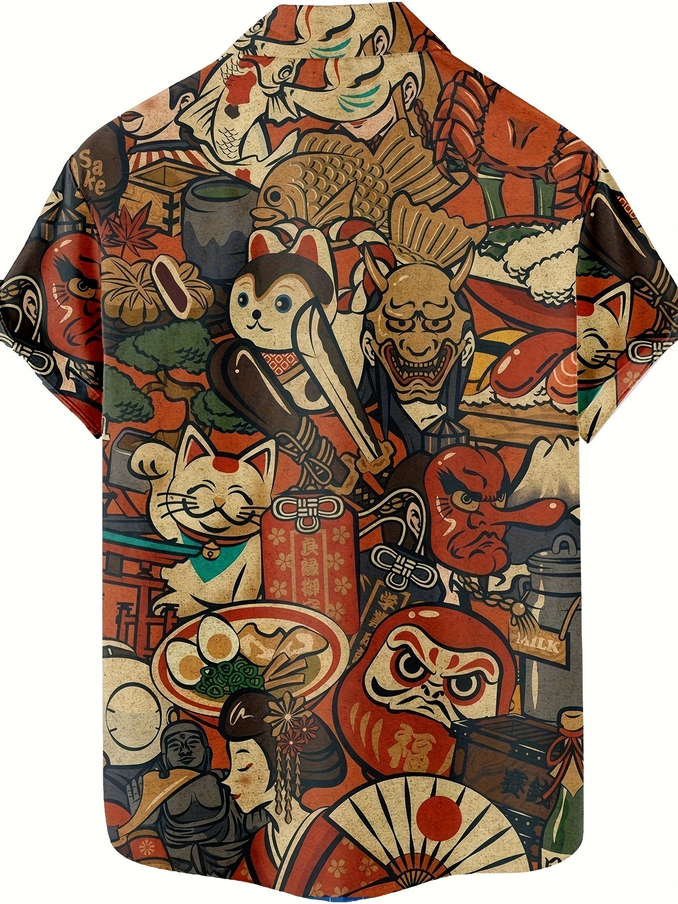 Herren Kurzarmhemd mit Japanischem Kunst- und Glückssymbol-Print – Casual Streetwear