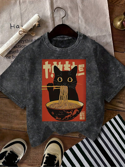 Damen Vintage T-Shirt mit Katzen- und Ramen-Print – Lustiges Streetwear Shirt für Alltag & Freizeit