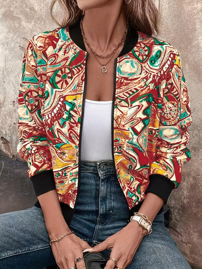 Damen Bomberjacke mit künstlerischem Print – Stilvolle Übergangsjacke für Freizeit & Alltag
