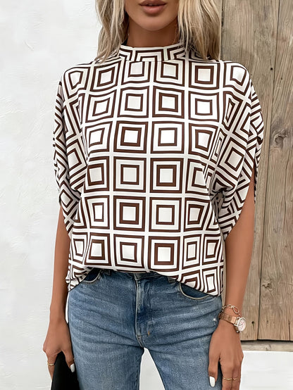 Damen Bluse mit Stehkragen und modernem geometrischem Muster, eleganter Business- und Freizeitstil