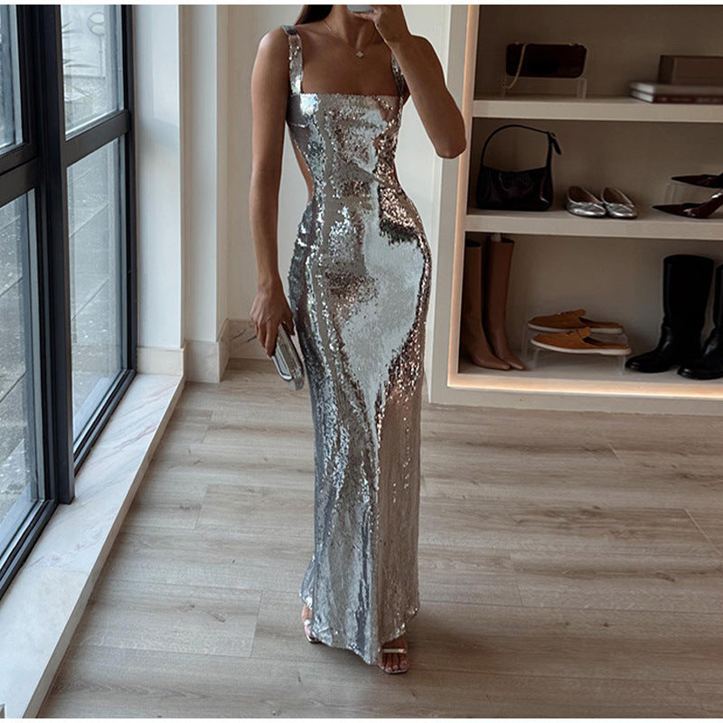 Julia – Pailletten-Rückenfreies Kleid mit eckigem Ausschnitt