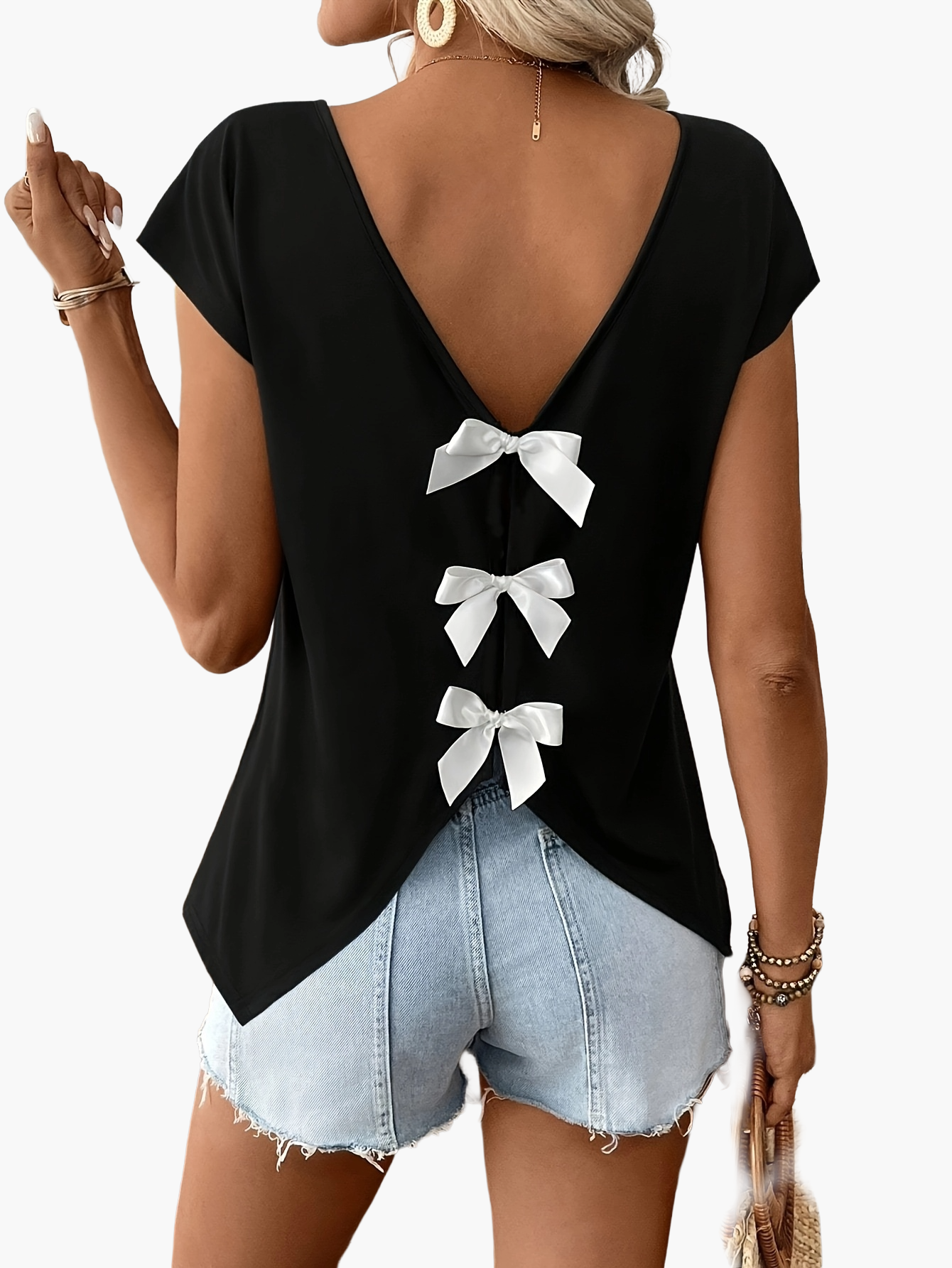 Damen Top mit tiefem Rückenausschnitt und Schleifen, eleganter Sommer-Look