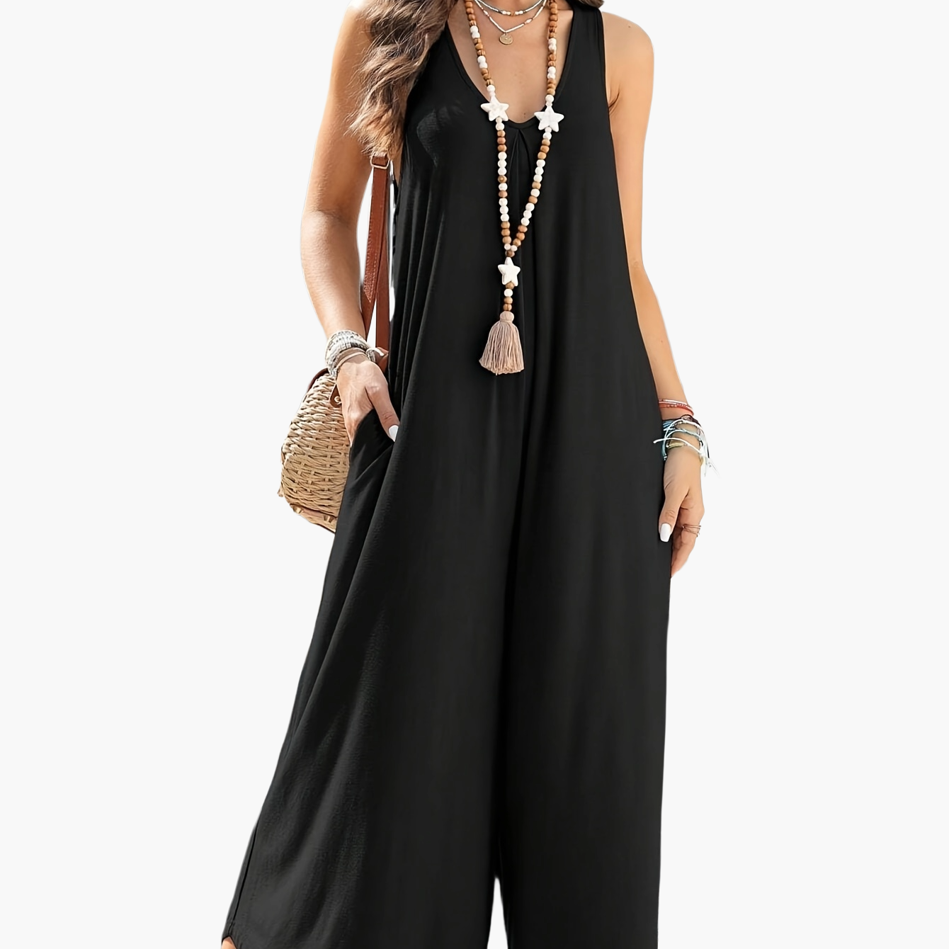 Damen Jumpsuit Sommer Weit Bein Ärmellos V-Ausschnitt Freizeit Overall mit Taschen