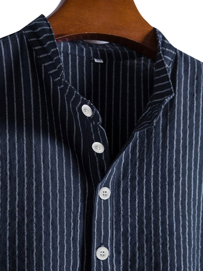 Herren Kurzarm Stehkragen Hemd mit Streifen – Modernes Casual Design für Alltag und Freizeit