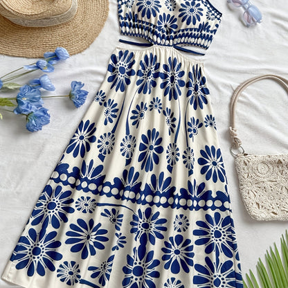 Damen Maxikleid mit Blumenmuster und Cut-Out-Detail – Boho Stil, Sommer, Elegant