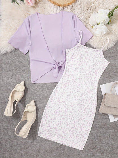 Damen Zweiteiler Set – Elegantes Sommerkleid mit Blümchenmuster und Kurzarm-Überwurf, Perfekt für Freizeit und besondere Anlässe