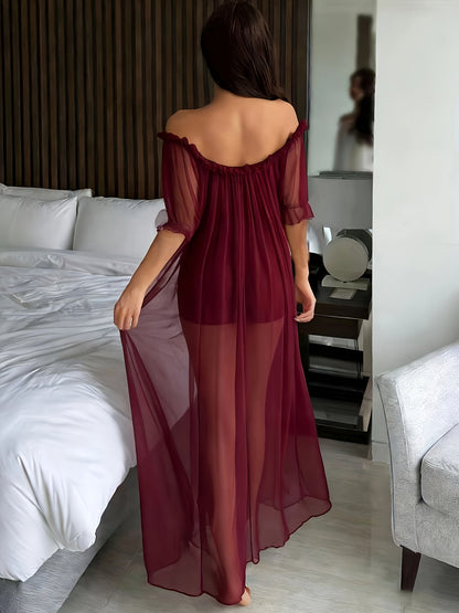 Damen Elegantes Off-Shoulder Nachthemd mit Rüschen – Luftiges Maxikleid für gemütliche Nächte