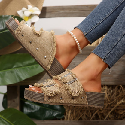 Damen Plateau-Sandalen im Boho-Stil mit Fransen und Nieten – Modische Freizeitschuhe