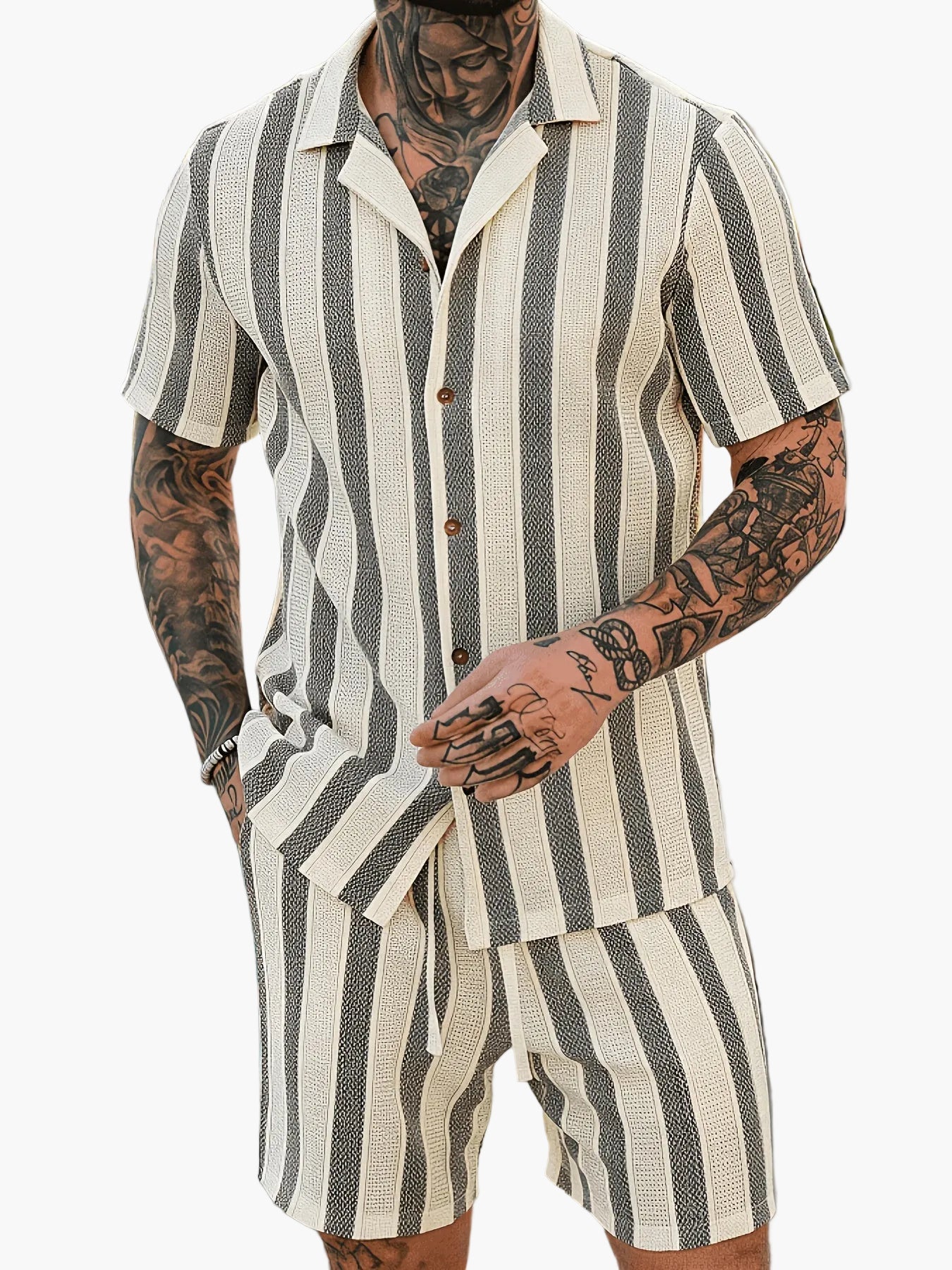 Herren Sommer Set – Gestreiftes Kurzarmhemd & Shorts, Lässig, Ideal für Urlaub & Freizeit