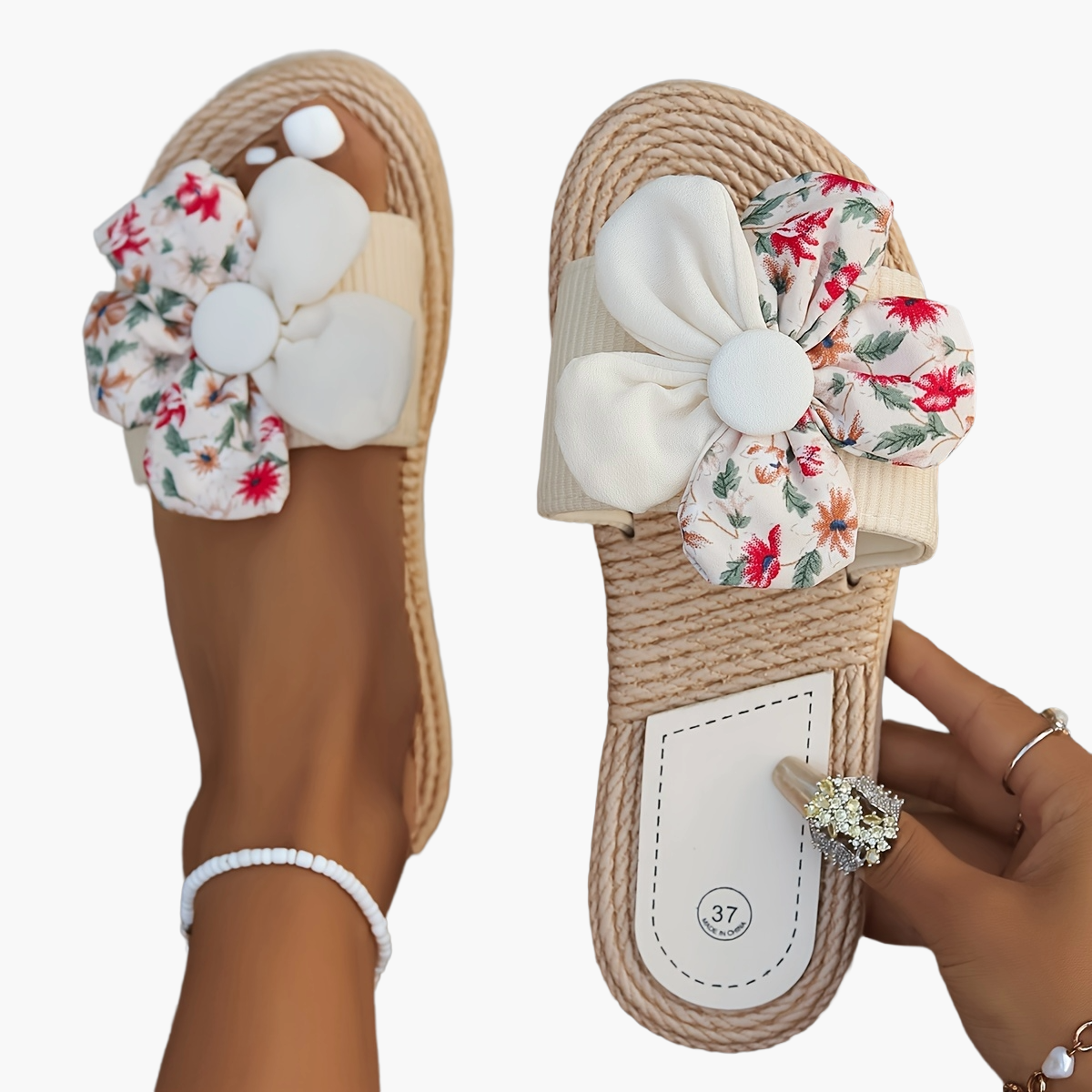 Damen Blumen-Slides Espadrille Stil – Modische Sommerschuhe mit großer Schleife