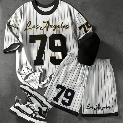 Herren Sportset Los Angeles 79 – Pinstripe Shirt und Shorts im Retro-Stil