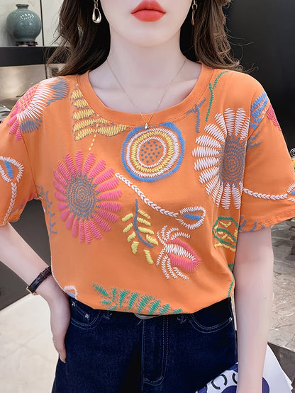 Damen T-Shirt mit bunter Stickerei und floralen Mustern – Sommerliches Freizeitshirt im Boho-Stil