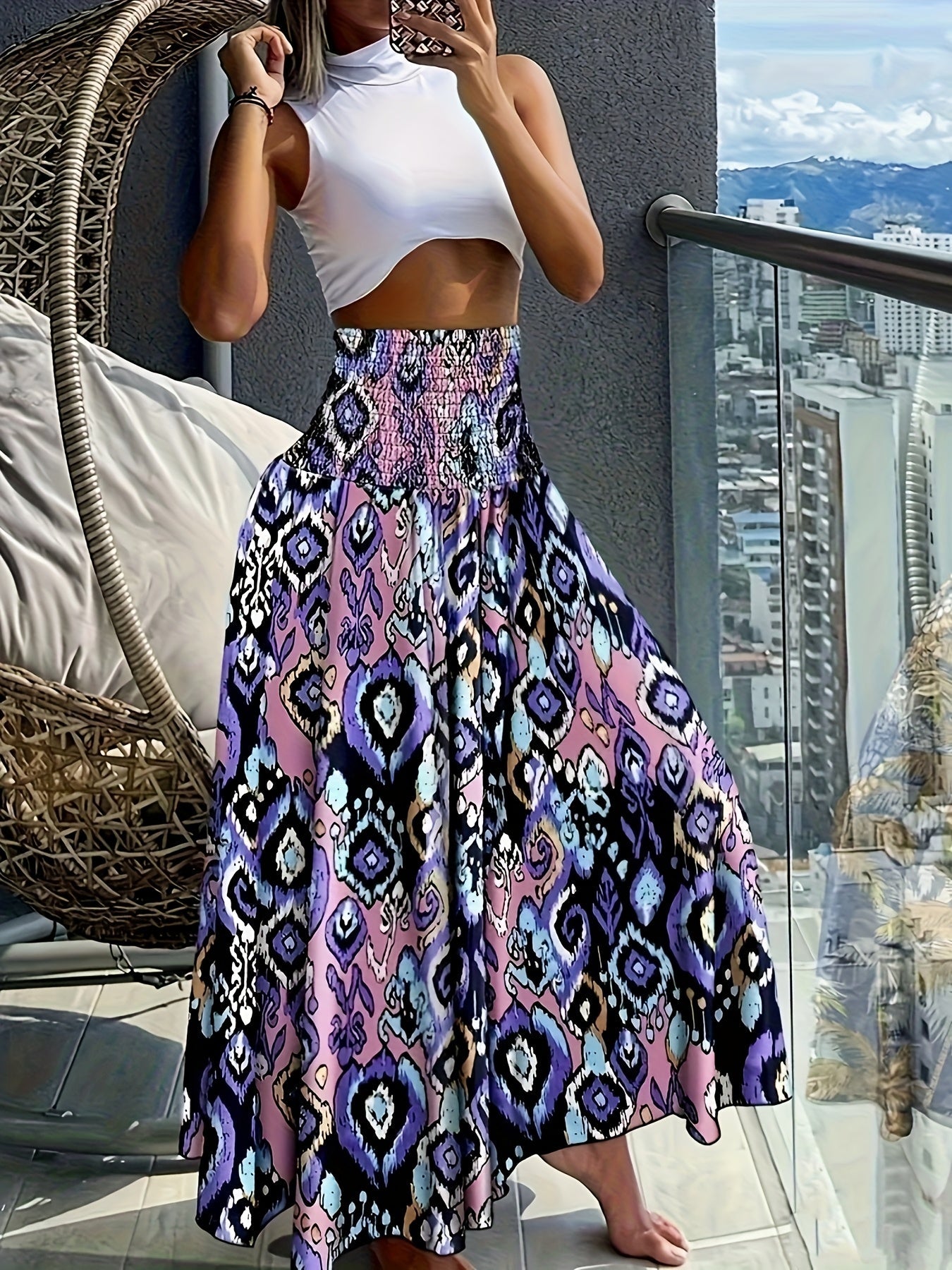 Damen Maxirock Boho-Stil mit tropischem Muster – Perfekt für Sommer, Urlaub & Freizeit