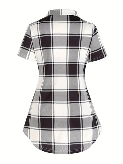 Damen Tunika Bluse mit Karomuster und modischem Überwurf, Elegant für Alltag und Büro