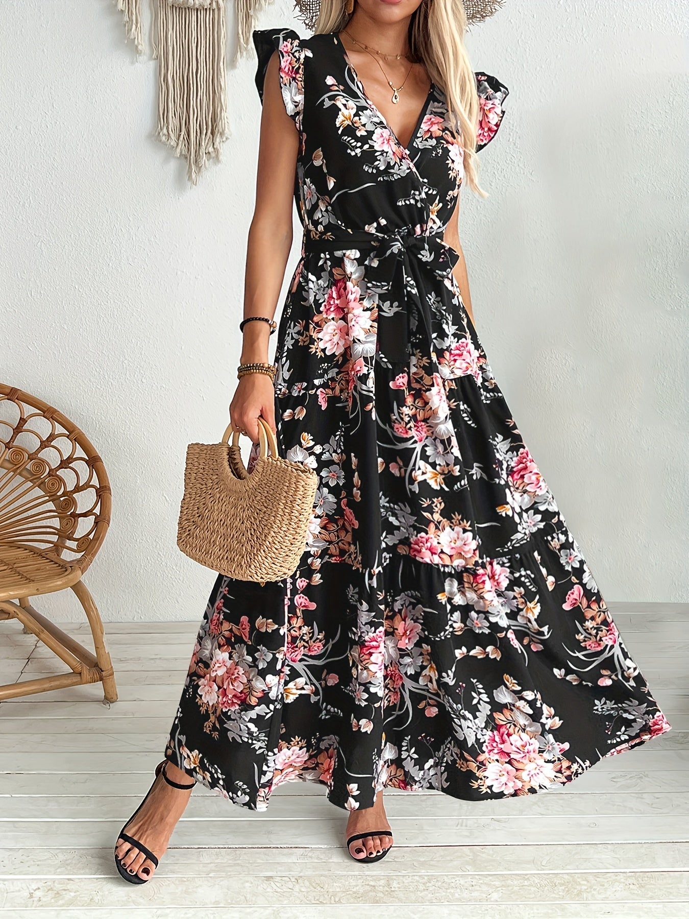 Damen Maxikleid mit Blumenmuster und Gürtel – Elegantes Sommerkleid für Urlaub und Freizeit