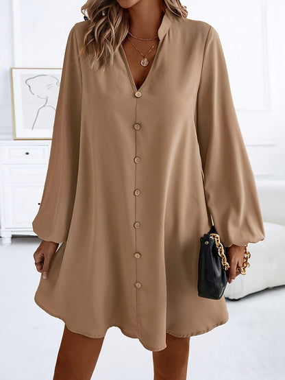Damen Shirtkleid Elegant Locker Freizeit V-Ausschnitt Knopfleiste