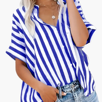 Damen Sommer Streifenbluse im lässigen Boyfriend-Stil – Elegantes Freizeit Hemd