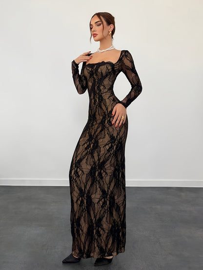 Damen Elegantes Bodycon Abendkleid mit Spitze und Langarm – Perfekt für besondere Anlässe